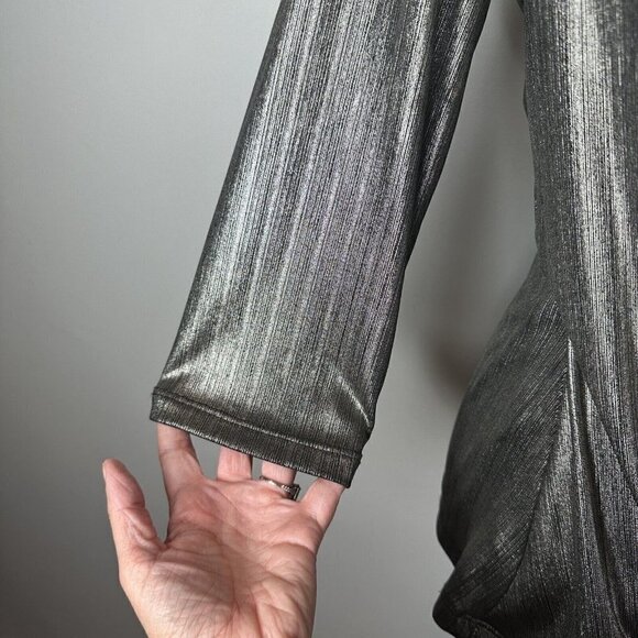 Chetta B Metallic Gold Black Stretch Long Sleeve Front Faux Wrap Top Blouse 12 - Picture 5 of 11